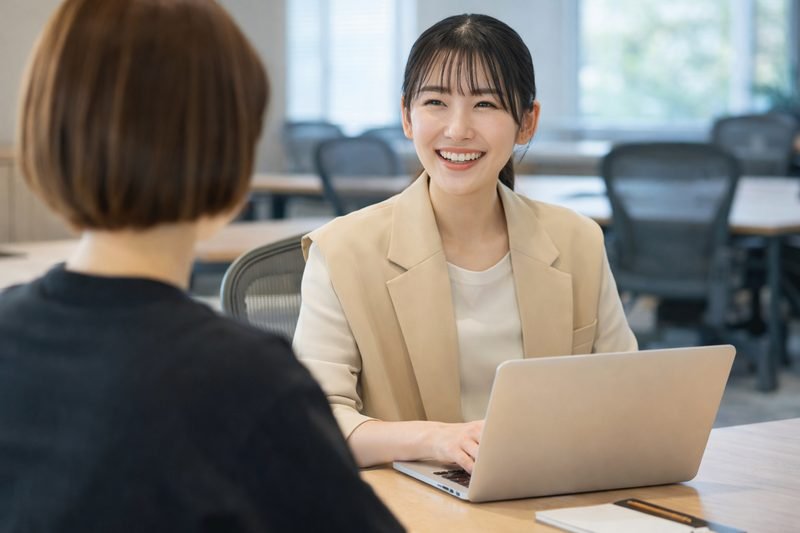 オフィスで笑顔で向き合うキャリアアドバイザーと相談者。信頼関係を築く対話のシーン