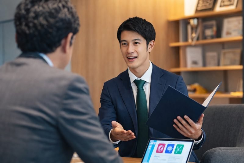 アドバイザーが面接前の求職者に資料を見せながら安心感を与えるサポートシーン